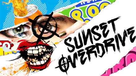 HD desktop wallpaper of Sunset Overdrive featuring vibrant, stylized graphics with edgy art and text.