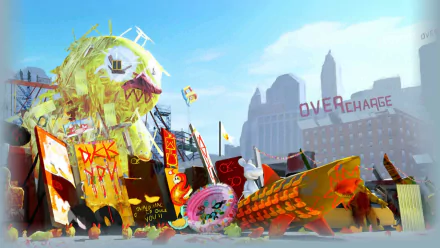 HD desktop wallpaper from Sunset Overdrive featuring vibrant artwork with monstrous character and chaotic cityscape.