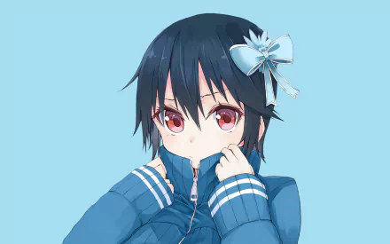 HD wallpaper depicting Seishirou Tsugumi from Nisekoi anime with short black hair, red eyes, and a blush; dressed in a blue jacket with a bow, sporting a zipper.