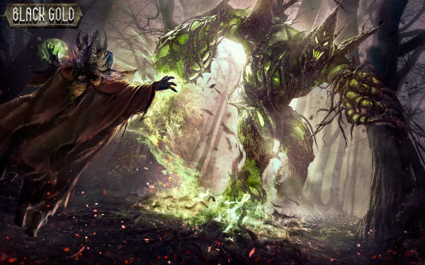 HD PC desktop wallpaper from the video game Black Gold Online, featuring a mystical forest scene with a robed figure confronting a towering, glowing tree-like creature.