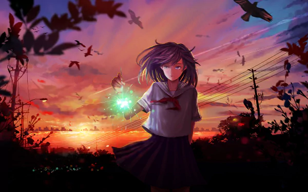 Anime girl with purple hair stands by a sunset-lit sky, with birds flying, fireworks, and water in the background. She wears a skirt and holds a glowing orb. HD desktop wallpaper.