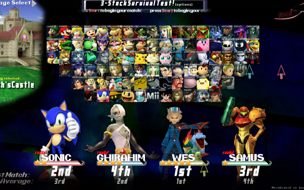HD desktop wallpaper for Super Smash Bros. for Nintendo 3DS and Wii U, featuring character selection screen and match results with Sonic, Ghirahim, Wes, and Samus.