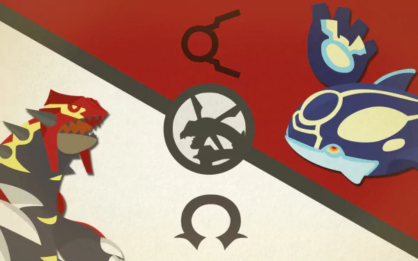 HD wallpaper featuring stylized icons of Pokémon Groudon, Kyogre, and Rayquaza from Omega Ruby and Alpha Sapphire on a divided background.
