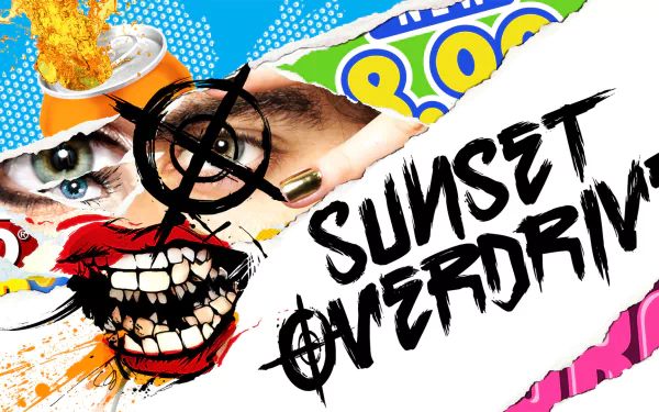HD desktop wallpaper of Sunset Overdrive featuring vibrant, stylized graphics with edgy art and text.