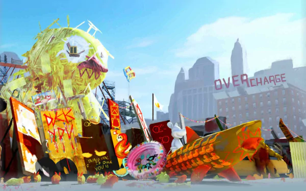 HD desktop wallpaper from Sunset Overdrive featuring vibrant artwork with monstrous character and chaotic cityscape.