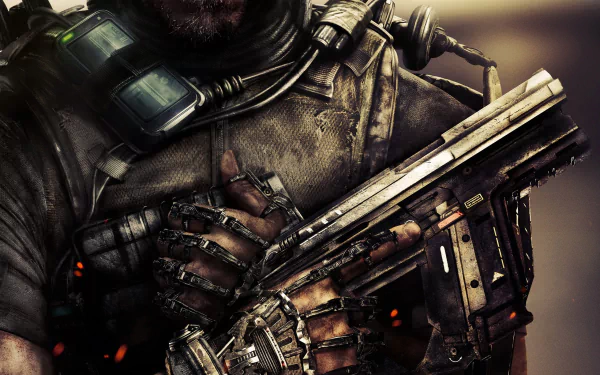 A soldier from Call of Duty: Advanced Warfare stands ready with a futuristic weapon, showcasing intricate robotic enhancements, set against a dramatic, HD background.