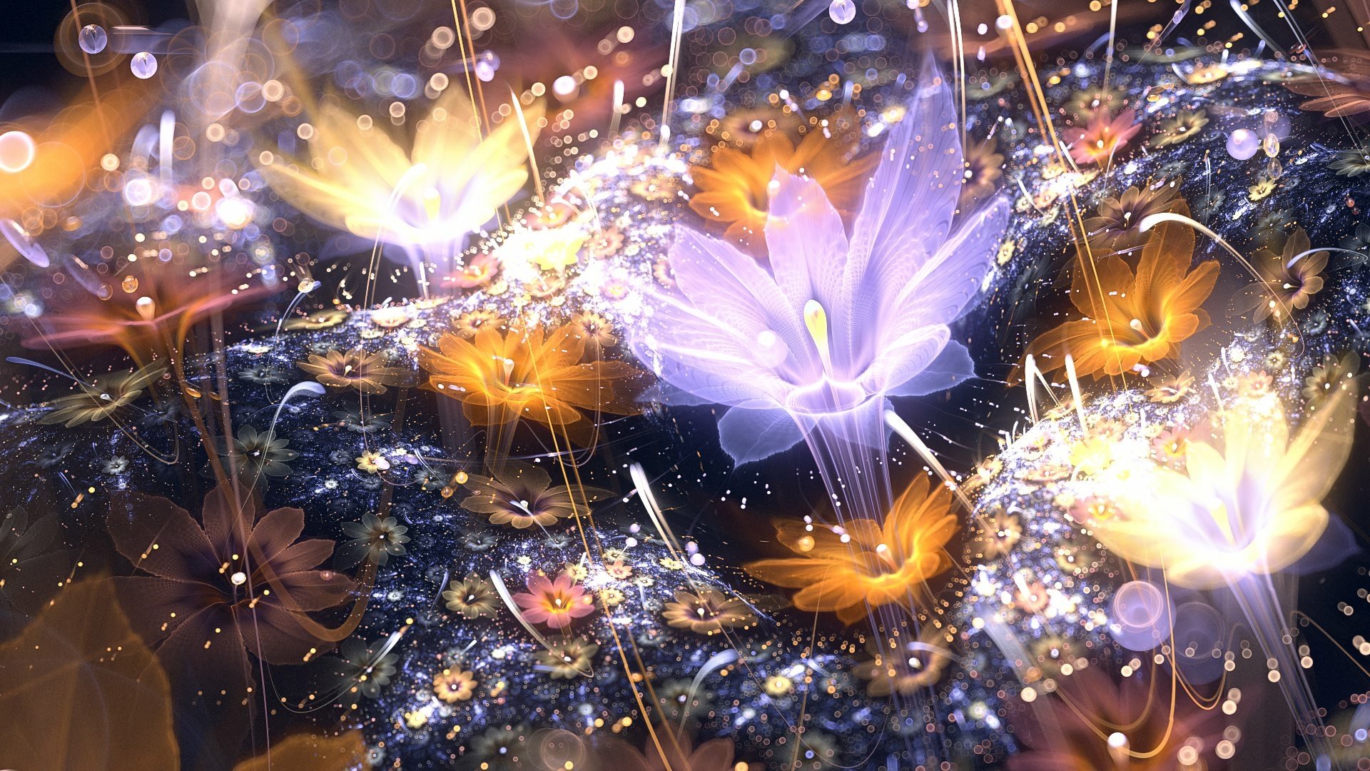 HD desktop wallpaper featuring an artistic fractal design of glowing flowers in a mystical, sparkling setting.