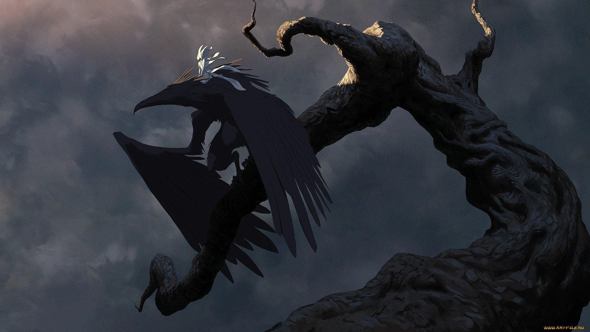 A dark fantasy creature with glowing eyes perched on a twisted, barren tree under a stormy sky, rendered as a high-definition PC desktop wallpaper.