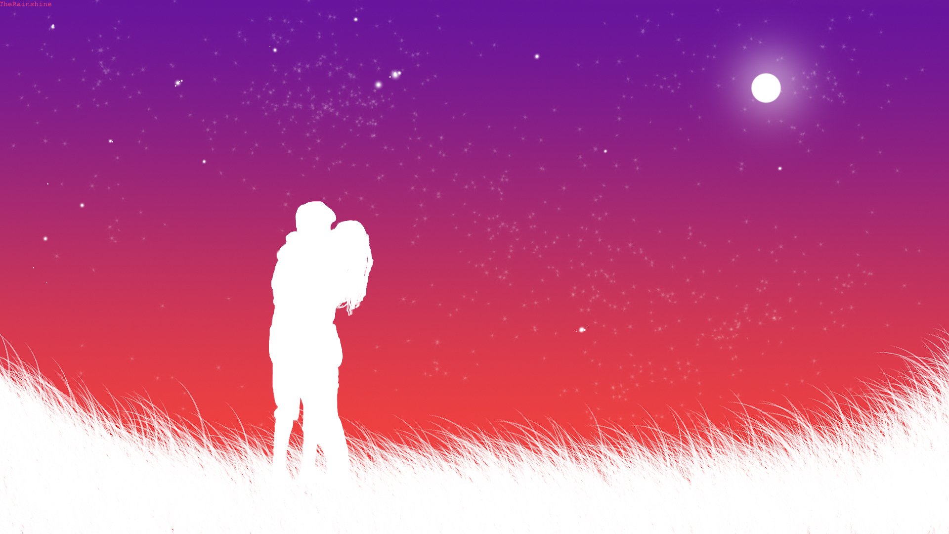 A romantic silhouette of a couple embracing against a vibrant gradient sky, creating an artistic and love-filled atmosphere. This HD wallpaper captures the essence of intimacy.