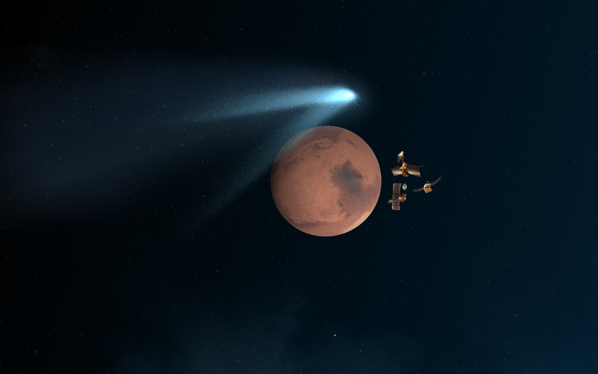 HD sci-fi desktop wallpaper showing Mars with a comet streaking past and a satellite orbiting the planet against a dark space background.