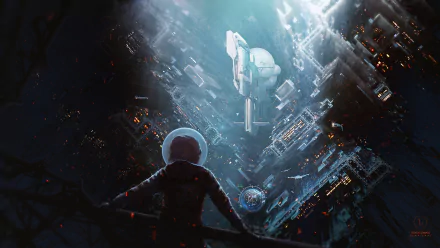A futuristic astronaut gazes at a sleek spaceship amidst a vibrant sci-fi cityscape, set against a backdrop of dark space, creating an immersive HD wallpaper experience.