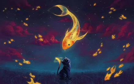A black cat gazes in wonder at a glowing fish soaring through a futuristic cityscape, surrounded by floating golden orbs against a dramatic sky. A captivating Sci-Fi scene.