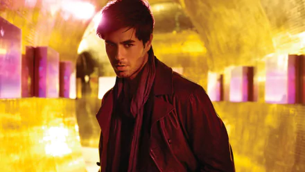 HD desktop wallpaper featuring Enrique Iglesias, captured in a striking pose with a golden backdrop, blending music and artistry in a captivating visual experience.