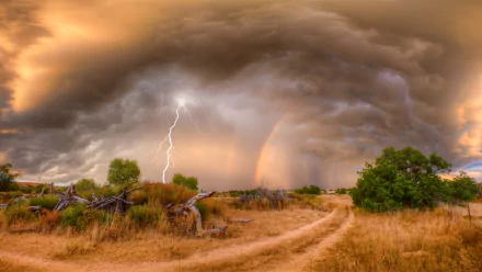 A stunning HD wallpaper features a field with trees under a dramatic sky. Lightning strikes with a faint rainbow visible amidst stormy clouds. The scene captures the powerful beauty of nature.