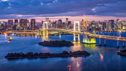 4K Ultra HD view of Tokyo Bay's skyline at dusk, featuring the illuminated Rainbow Bridge connecting the cityscape with islands in the bay, showcasing man-made urban beauty.