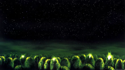 HD PC desktop wallpaper background: movie-style alien scene of glowing Ovomorph (egg) pods in green mist beneath a star-filled space sky.