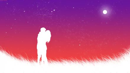 A romantic silhouette of a couple embracing against a vibrant gradient sky, creating an artistic and love-filled atmosphere. This HD wallpaper captures the essence of intimacy.