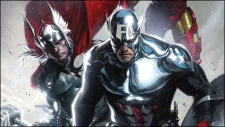 HD PC desktop wallpaper featuring detailed comic-style artwork of Captain America and Thor from the Avengers.