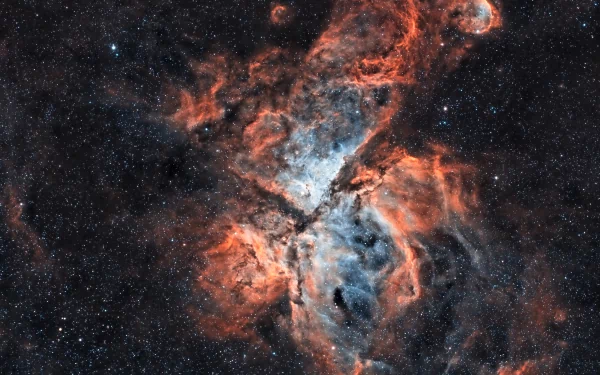 4K Ultra HD Sci-Fi desktop wallpaper featuring a vibrant, detailed nebula with glowing red and blue cosmic clouds against a star-filled space background.