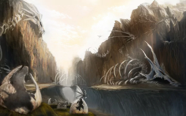 A fantasy HD desktop wallpaper depicting a massive dragon skeleton resting in a canyon beside a giant, cracked fantasy egg surrounded by rocky cliffs and soft light.