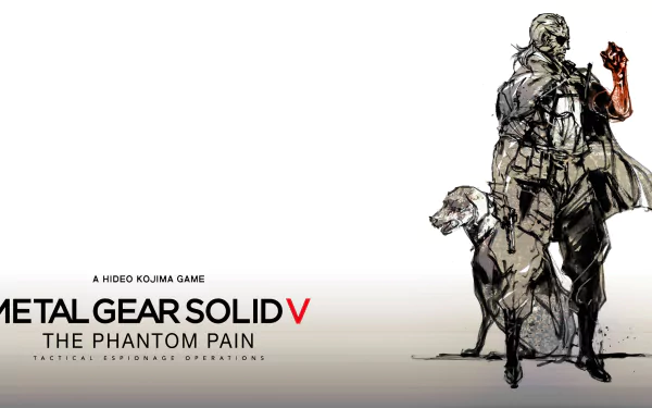 An HD desktop wallpaper featuring artwork from Metal Gear Solid V: The Phantom Pain, showcasing the protagonist alongside a loyal dog in a striking, minimalist design.