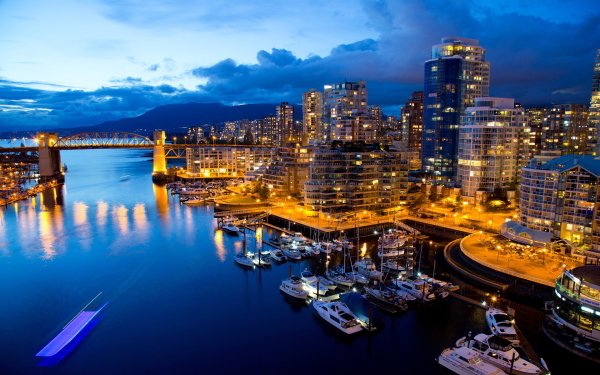 Man Made Vancouver Cities Canada City Building Columbia Bridge Pier Boat Harbor Light HD Wallpaper | Background Image