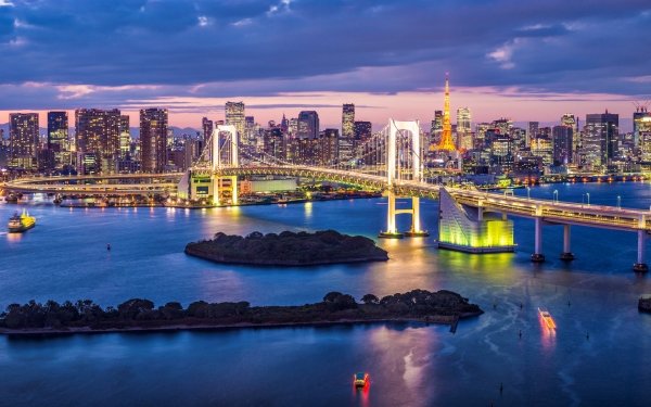 Hecho por el hombre Rainbow Bridge Puentes Ciudad Edificio Puente Tokio Skyline Bay Tokyo Bay Japón Isla Luz Fondo de pantalla HD | Fondo de Escritorio