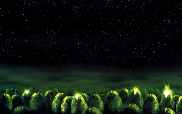 HD PC desktop wallpaper background: movie-style alien scene of glowing Ovomorph (egg) pods in green mist beneath a star-filled space sky.