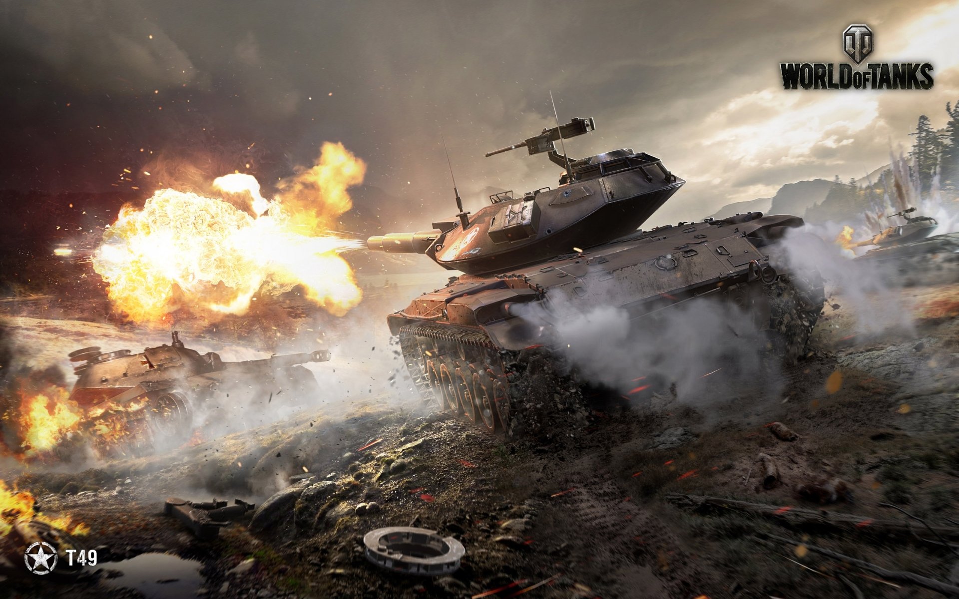 HD PC desktop wallpaper featuring intense tank battle action from the video game World of Tanks, showcasing a T49 tank firing amidst fiery explosions and smoke.