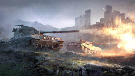 A dramatic scene from the video game World of Tanks, featuring two tanks in action against a backdrop of a medieval fortress, rendered in stunning 4K Ultra HD.