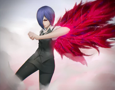 Touka Kirishima from Tokyo Ghoul is depicted in this HD wallpaper, showcasing her striking features and iconic red wings against a misty background.
