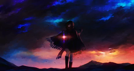 A captivating anime scene featuring a figure in a flowing cloak against a twilight sky filled with stars, clouds, and vibrant colors, creating a stunning HD desktop wallpaper.