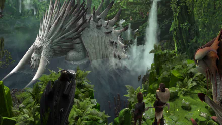 HD desktop wallpaper from How to Train Your Dragon 2 featuring Hiccup, Valka, Toothless, and Cloudjumper in a lush forest with a waterfall.