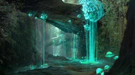 HD sci-fi landscape wallpaper depicting an otherworldly cavern with glowing turquoise waterfalls and bioluminescent mushrooms, creating a mysterious and futuristic atmosphere.