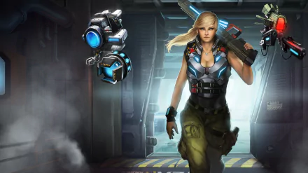 A sci-fi woman warrior in body armor, wielding a rifle, accompanied by floating robots, set in a futuristic industrial environment, designed as an HD PC desktop wallpaper.