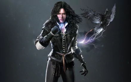 HD desktop wallpaper of Yennefer of Vengerberg casting magic, from The Witcher 3: Wild Hunt, featuring a dark aesthetic with a mystical raven.