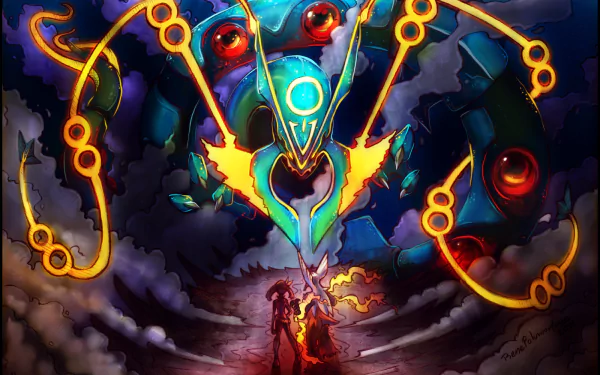 HD wallpaper of May and her Blaziken from Pokémon, facing a formidable Rayquaza with vivid colors, inspired by Pokémon: Omega Ruby and Alpha Sapphire video game.