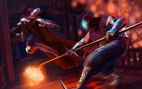 Vayne and Jax from League of Legends engage in a dynamic battle, captured in a stunning HD desktop wallpaper that showcases the game's intense action and vivid artistry.