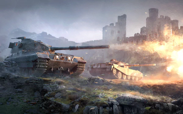 A dramatic scene from the video game World of Tanks, featuring two tanks in action against a backdrop of a medieval fortress, rendered in stunning 4K Ultra HD.