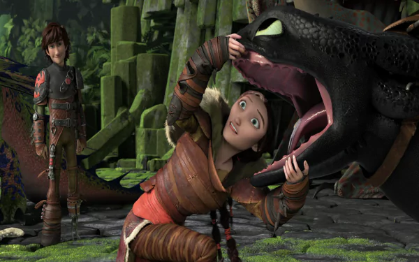 HD desktop wallpaper from How to Train Your Dragon 2 featuring Hiccup, Valka, and Toothless interacting in a vibrant, detailed movie scene.