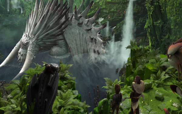 HD desktop wallpaper from How to Train Your Dragon 2 featuring Hiccup, Valka, Toothless, and Cloudjumper in a lush forest with a waterfall.
