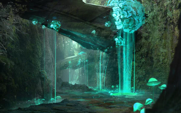 HD sci-fi landscape wallpaper depicting an otherworldly cavern with glowing turquoise waterfalls and bioluminescent mushrooms, creating a mysterious and futuristic atmosphere.