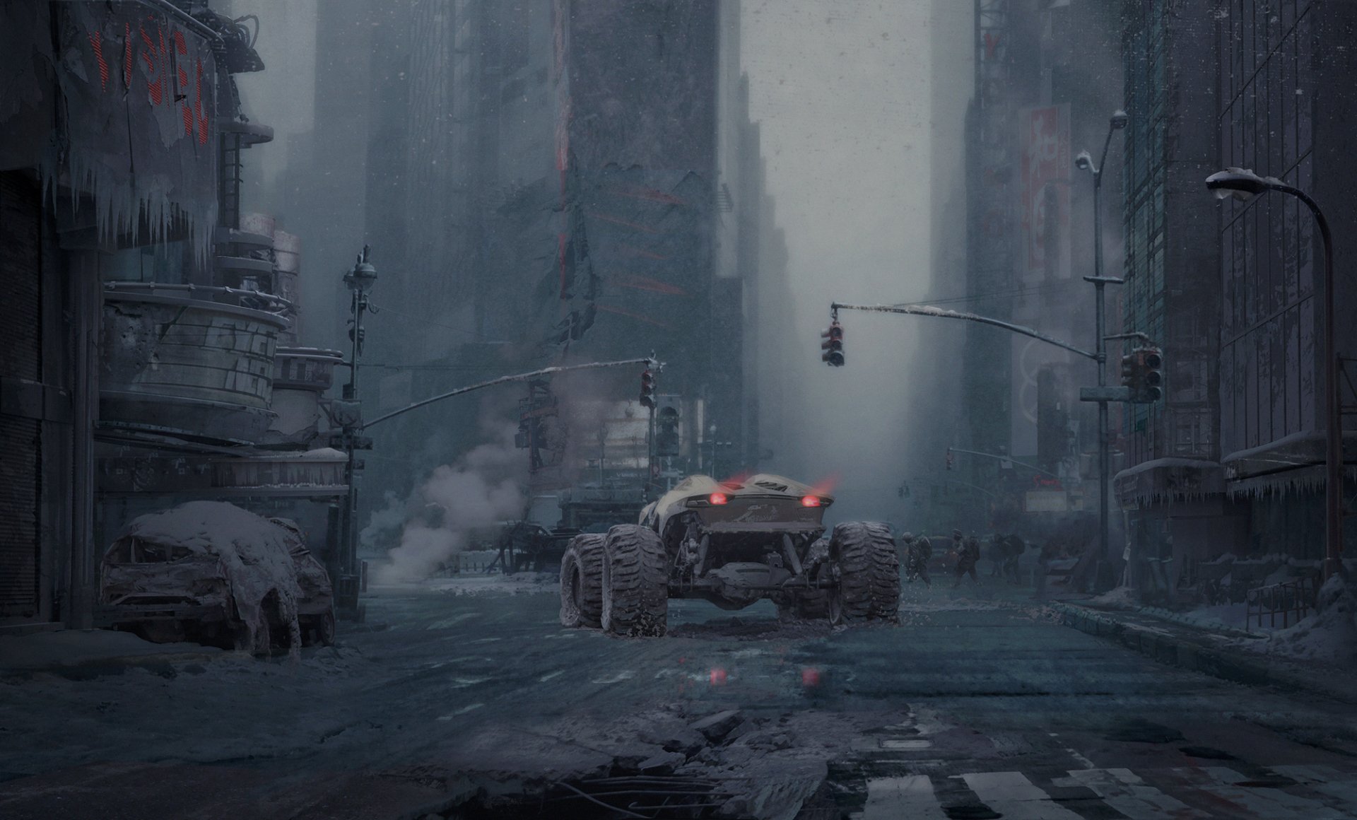 A futuristic vehicle navigates through a desolate, post-apocalyptic cityscape, surrounded by towering ruins and eerie silence. HD PC desktop wallpaper captures the essence of sci-fi adventure.