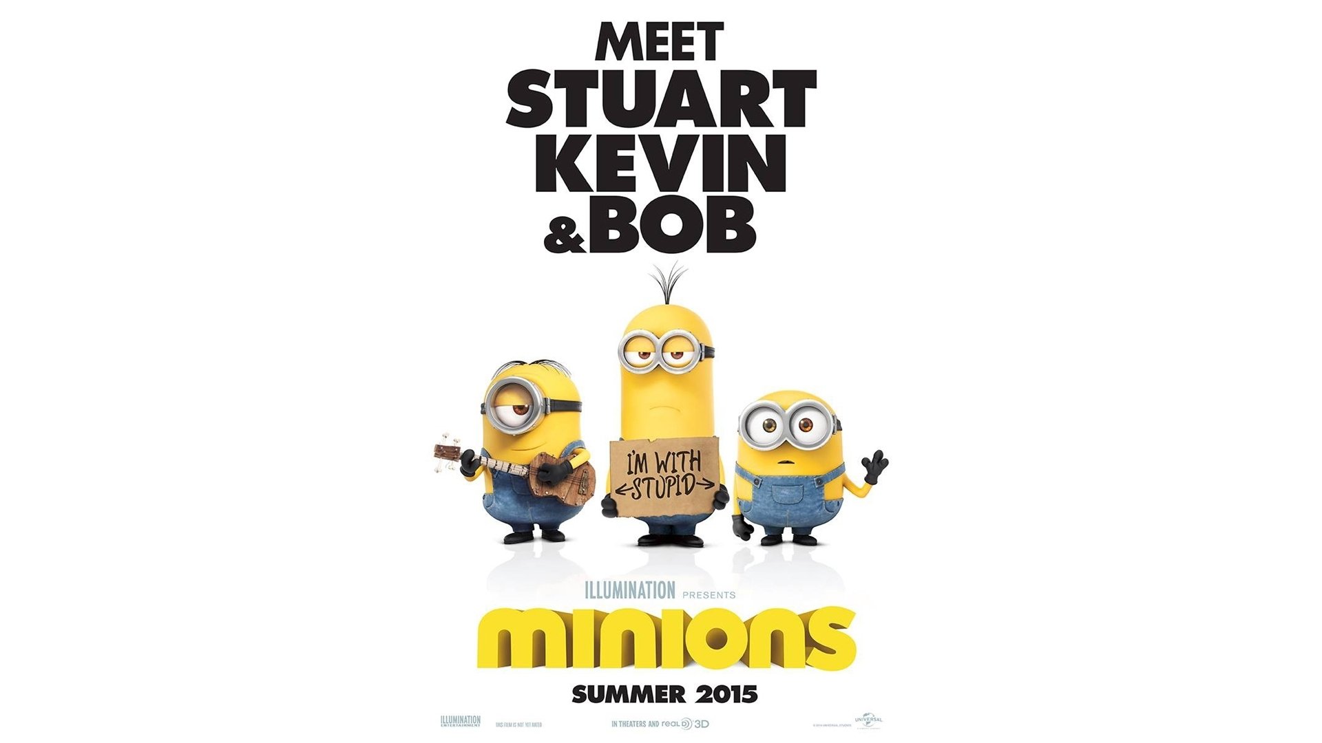 HD desktop wallpaper of Minions characters Kevin, Stuart, and Bob from the movie Minions with the text MEET STUART KEVIN & BOB above and the movie's release date SUMMER 2015 below.
