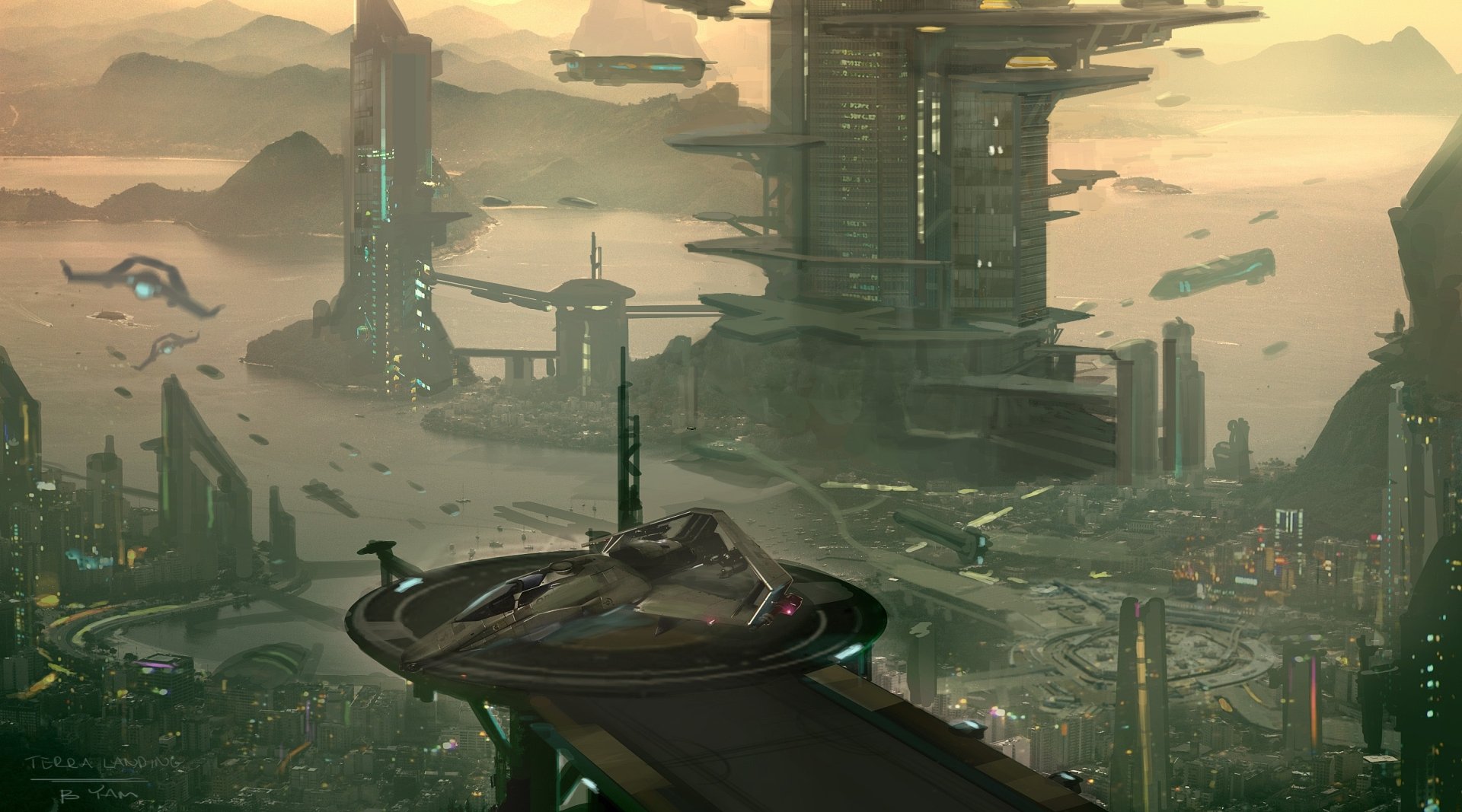 HD PC desktop wallpaper showcasing a futuristic cityscape from the video game Star Citizen, with towering buildings and atmospheric lighting in a sci-fi setting.