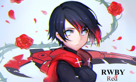 HD wallpaper featuring Ruby Rose from RWBY, showcasing her striking black and red attire against a backdrop of roses and her scythe, embodying the anime's dynamic style.