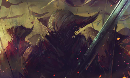 A dark, atmospheric depiction of a towering demon surrounded by ominous shapes and embers, designed as a striking 4K Ultra HD PC desktop wallpaper and background.