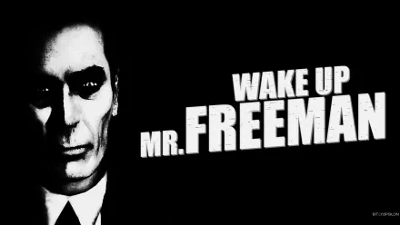 A striking black and white HD wallpaper featuring the iconic G-Man from Half-Life 2, with bold typography proclaiming WAKE UP MR. FREEMAN. An engaging tribute to the classic video game.