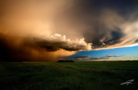 Dramatic storm clouds roll over a green field as sunlight breaks through the sky, creating a striking nature scene for an HD PC desktop wallpaper.