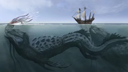 Fantasy HD PC desktop wallpaper background: a massive sea monster's serpentine body coils beneath the waves while a lone sailing ship drifts above.
